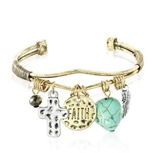 Willowbird Simulated Turquoise Dangling Charms Faith Cross Cuff Bangle Bracelet
